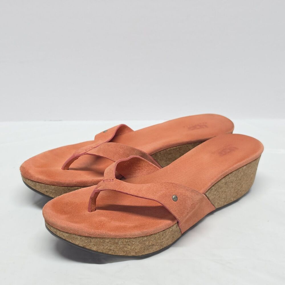 UGG Brook Cork Wedge Coral Orange Suede Thong Sandals Women's 7 Y2K Boho